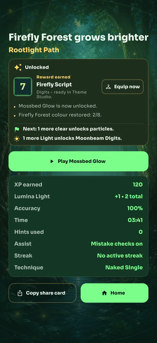 Sudoku Lumina completion screen showing an earned world reward