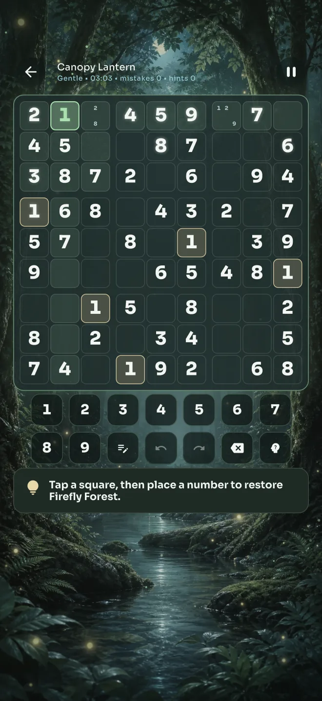 Readable Sudoku game board inside Firefly Forest